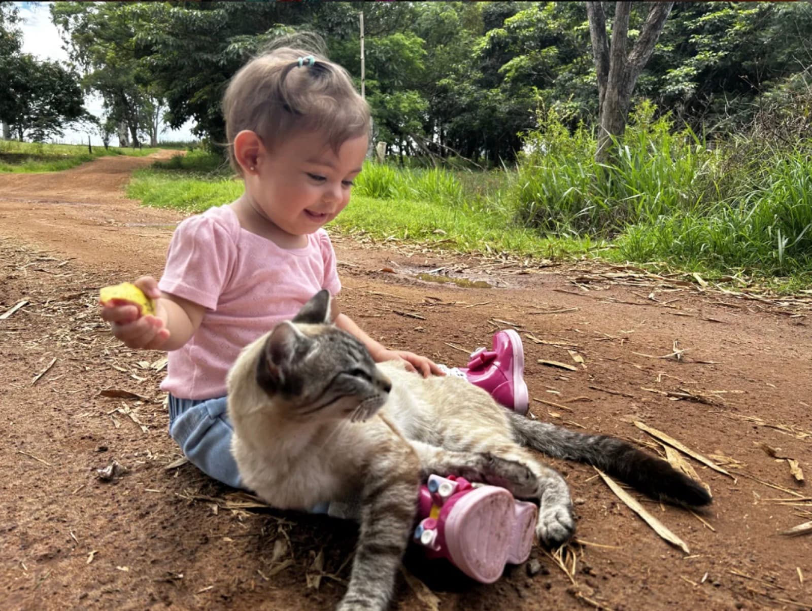 Lara sentada na estrada de terra fazendo carinho no gatinho
